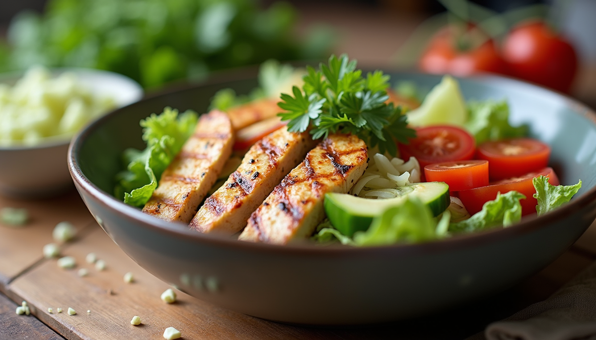 Eye-level view of a colorful low-carb salad bowl with grilled chicken and fresh vegetables