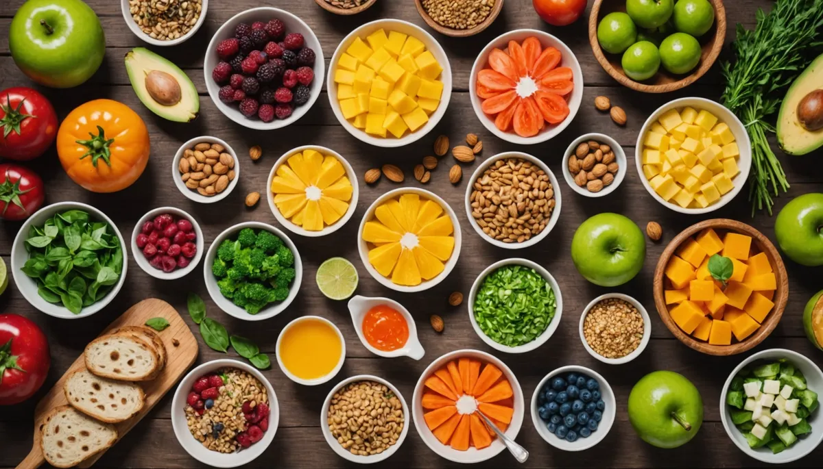 Eye-level view of a variety of colorful healthy low-carb foods on a wooden table