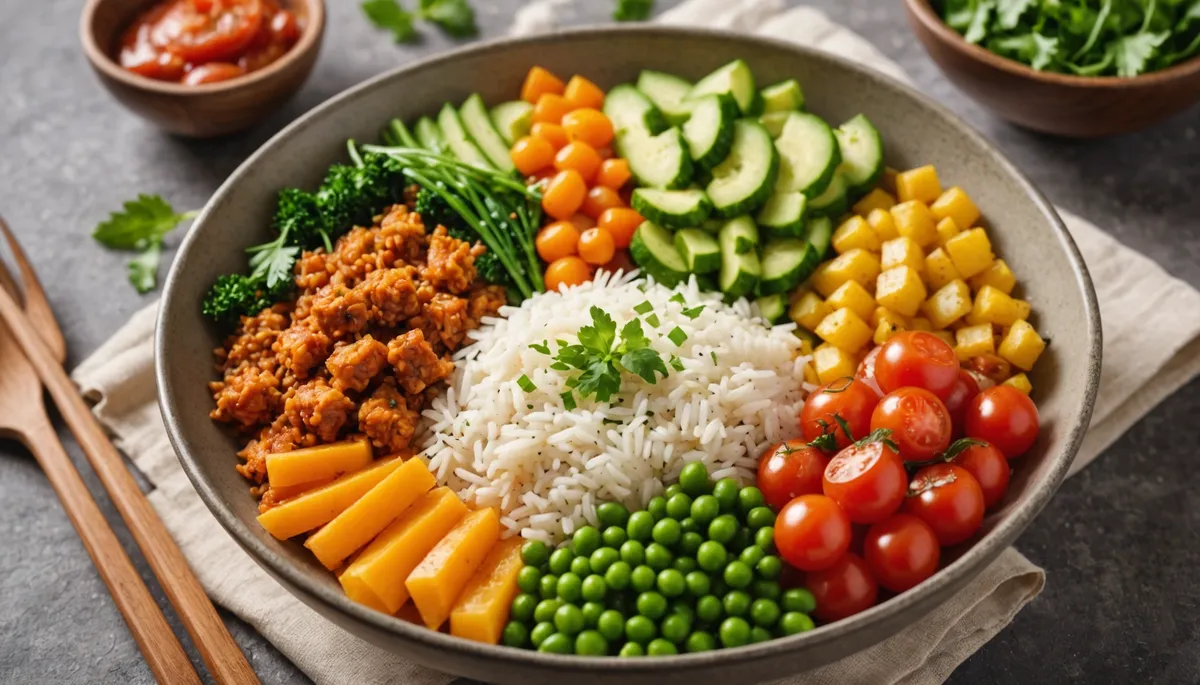High angle view of a Mediterranean rice bowl filled with vibrant ingredients