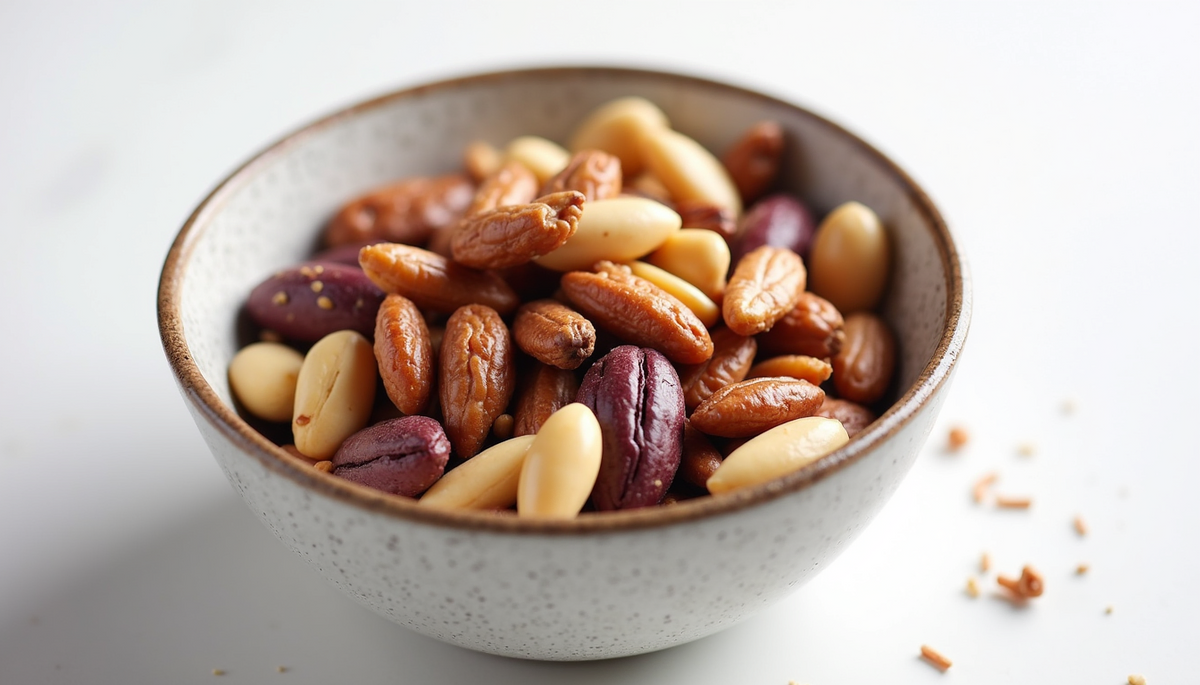 Close-up view of a bowl of mixed nuts and seeds