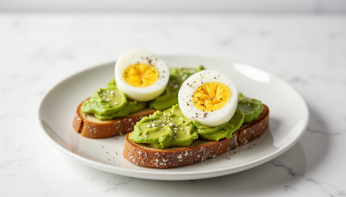 Eye-level view of a plate with avocado toast and boiled eggs